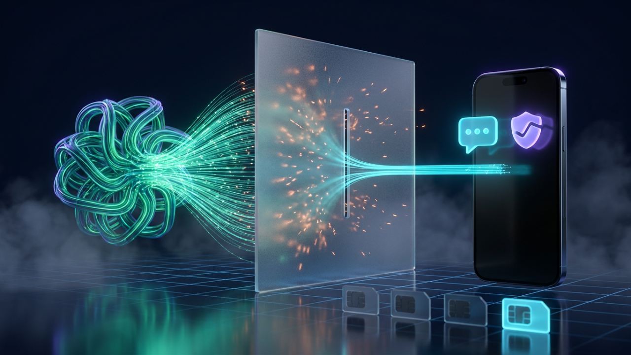 A knot of glowing green filaments streaming light at a translucent glass panel: most strands break against it into orange embers while one cyan ribbon threads through a narrow slit into a phone showing a message bubble and a shield, above a row of SIM tokens where three are dark and one glows.