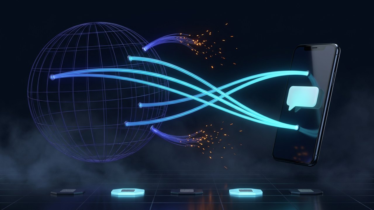 A translucent wireframe globe of thin indigo latitude lines with bundles of light launching from several points on its surface: three cyan ribbons arc cleanly across to a dark phone showing a single message bubble, while two indigo strands fray and break apart into orange embers before arriving, above a row of hexagonal SIM tokens on a reflective grid where two are lit and three are dark.