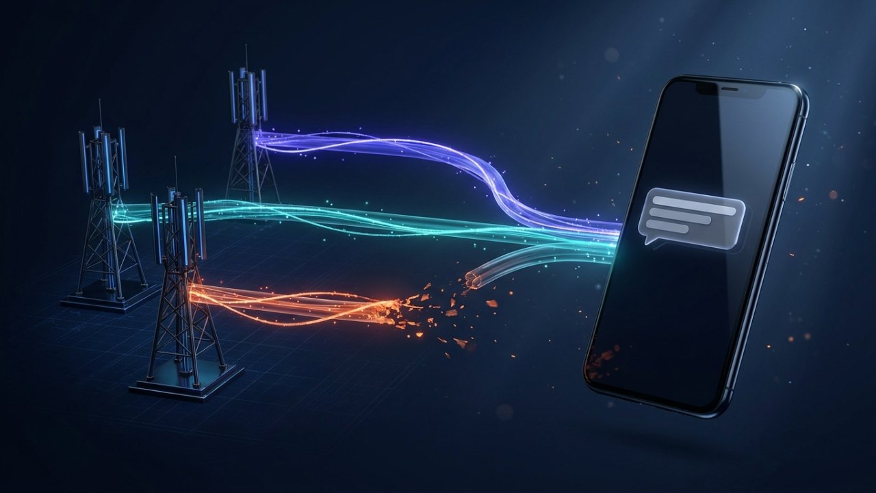 Three carrier routes carry a message toward a phone; the third route breaks apart into embers before it arrives