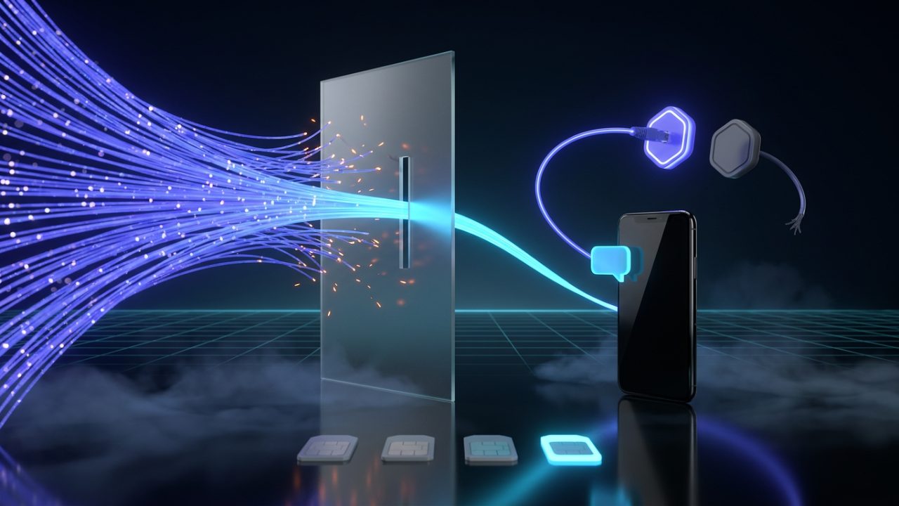 A fan of glowing indigo filaments breaking into orange embers against a frosted glass panel, while one cyan ribbon threads through a slit in it and reaches a phone with a chat bubble; from the phone a lit cable runs into one hexagonal token while a frayed end drifts away from a second token gone dark, above a row of SIM chips on a reflective grid.