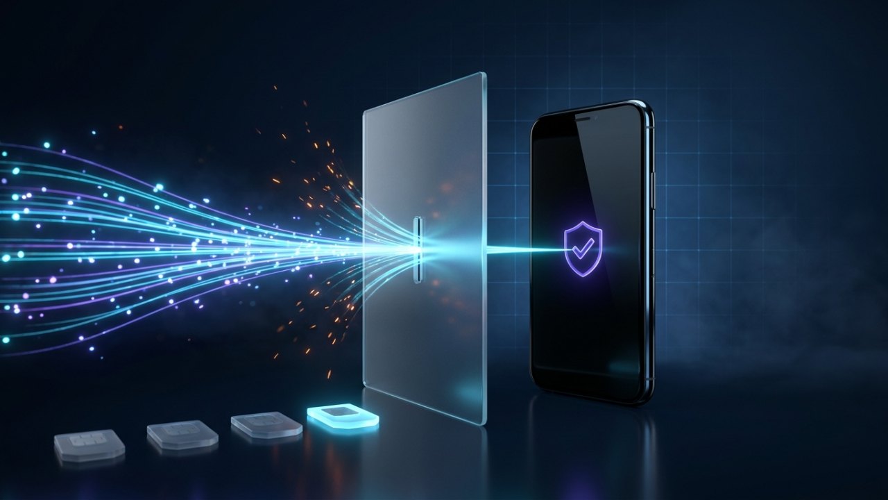 A stream of glowing particles meeting a translucent gate: most scatter into fading orange embers while a single cyan ribbon threads through to a phone showing a shield, beside a row of number tokens where three are dark and one still glows.