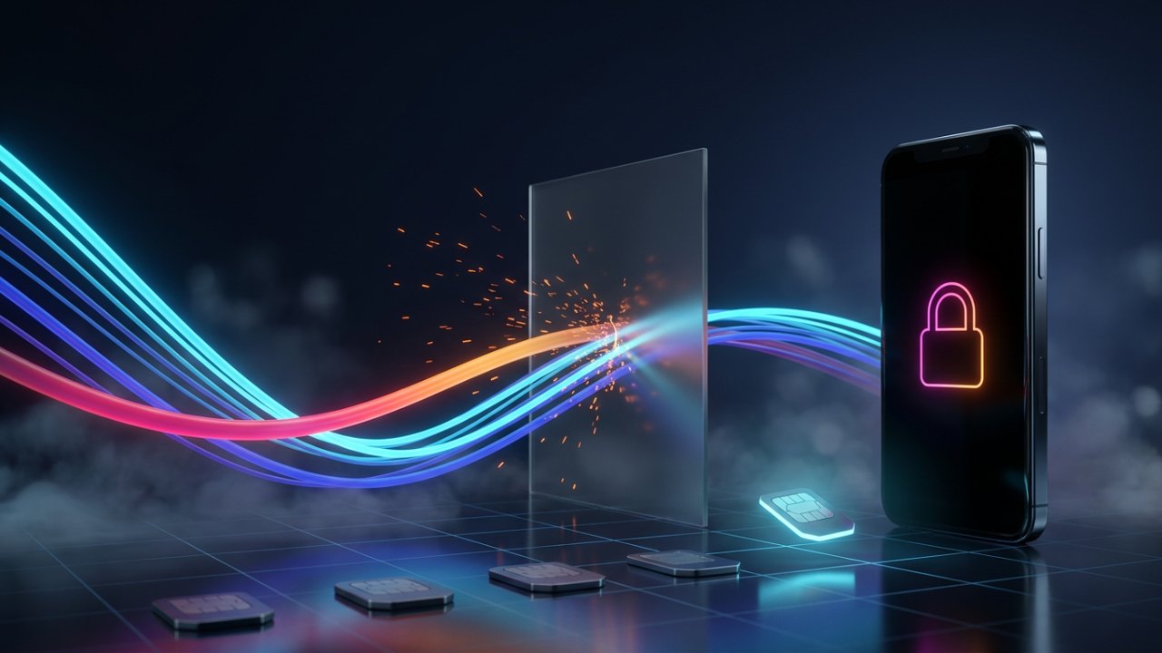 Light trails passing through a glass panel into a dark phone showing a glowing padlock, with SIM tokens on a reflective grid floor