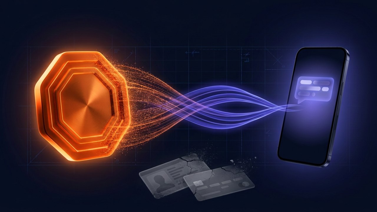 An orange Monero coin dissolving into particles that flow into a phone receiving an SMS code, while an ID card and a bank card crumble away.