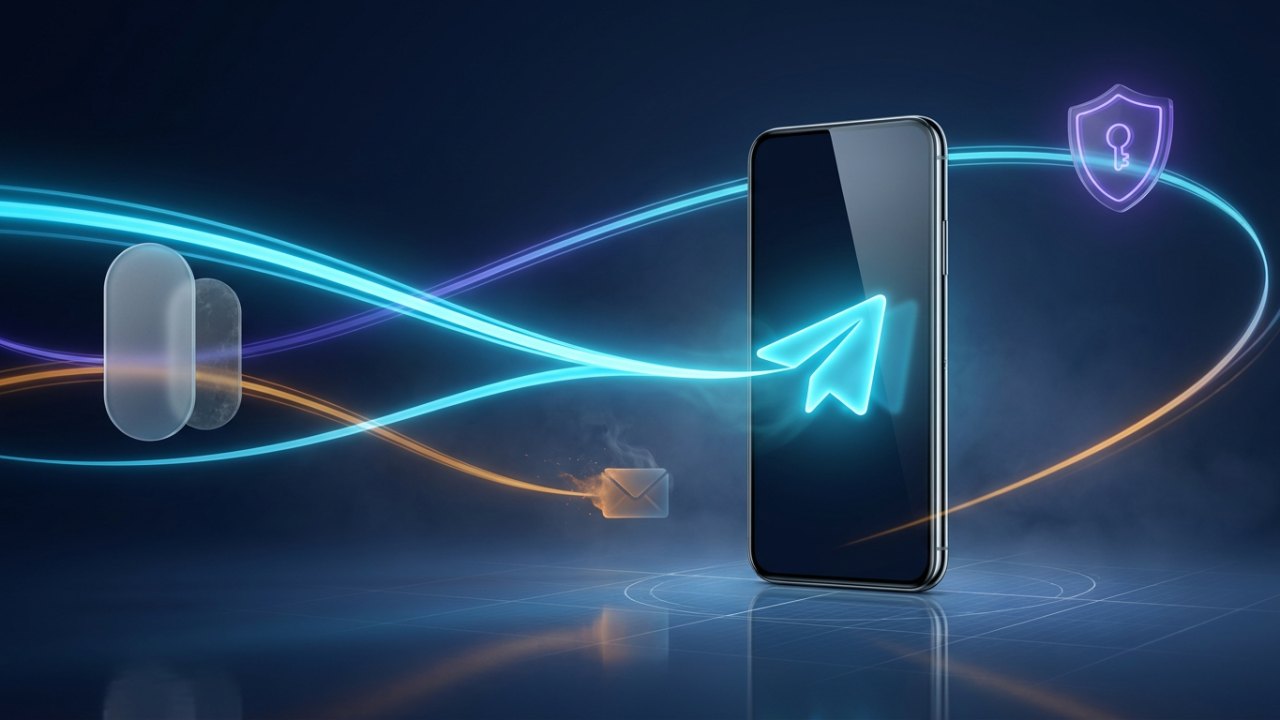 A glowing paper plane reaching a phone along a bright cyan trail while a dimmer envelope fades out on a lower path, beside a frosted number token holding a second, older token
