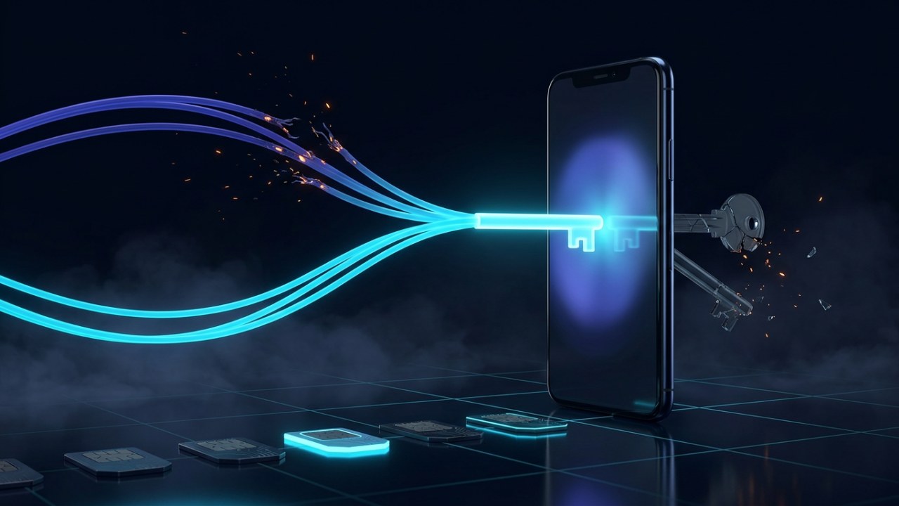 A dark three-dimensional scene on a reflective grid floor: three glowing cyan ribbons of light braid together into a single luminous key that slides into the edge of an upright black smartphone, while a fourth indigo strand frays and burns away into orange embers, and behind the phone a second key of dull grey glass cracks and breaks apart into sparks, above a row of hexagonal SIM tokens of which two are lit and three are dark.