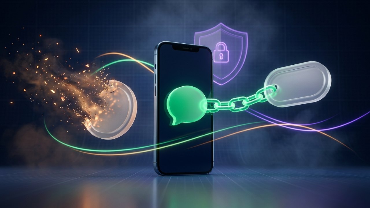A phone showing one message bubble chained to a floating number token, with a second token dissolving into particles beside a locked shield